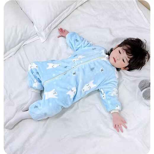 Children's double-layer jumpsuit pajamas for baby autumn and winter plus velvet and thickened flannel home romper baby warm sleeping bag blue polar bear double-layer thickened 120