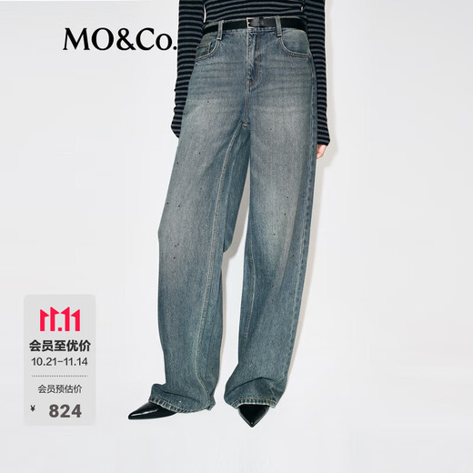 MO&Co. Divine Pants Jeans 2025 Winter New Arrival Cotton Nostalgia Washed and Hot Diamond Wide Leg Pants Mid-Waist MBE4JENT08 Denim Blue L 28