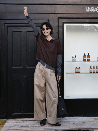 Xiaohongshu popular TT designer Seagull contrasting fake two-piece sheep wool T-shirt for women autumn new long-sleeved p gray M90-120Jin Jin equals 0.5 kg one size