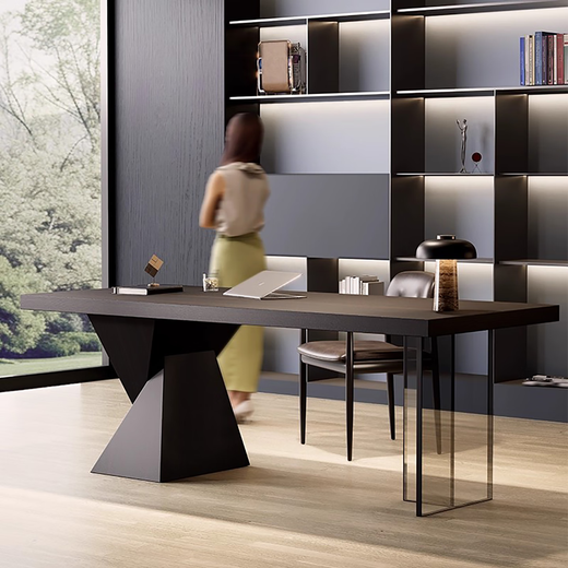 Muying Italian minimalist study large desk solid wood light luxury high-end home living room desk modern simple computer desk smoked wood color + acrylic desk + power strip 220*90*75cm