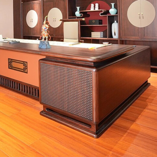 Solid wood executive desk boss desk light luxury high-end ebony wood president desk chairman new Chinese style desk customization 2.4 meters desk with side cabinet/ebony wood