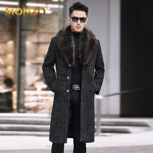 MONZO国际一线品牌新款羊毛大衣男士呢子修身长款皮草外套加绒内胆复古 黑色 羊毛外套(貉子毛领) L 175/x (125-140斤)