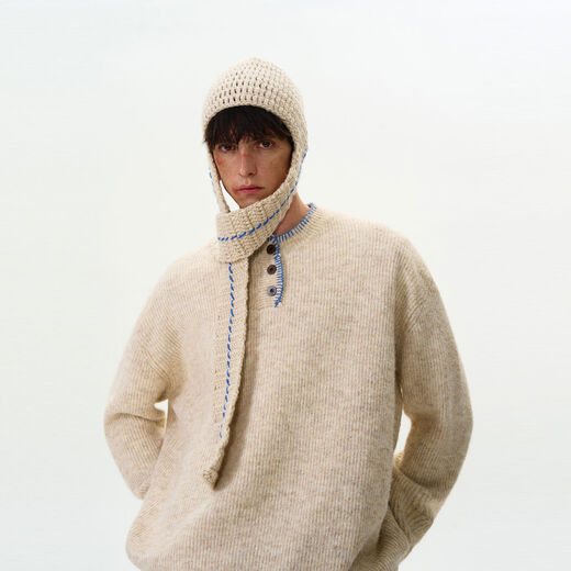 Jingyan selects new retro atmosphere knitwear for men and women, American niche design Henry collar lazy sweater, apricot M M