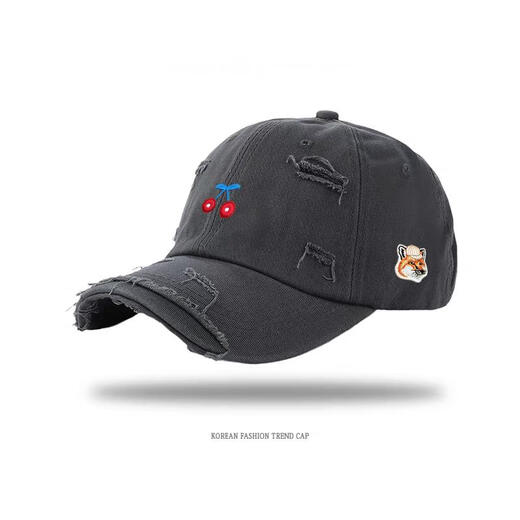 MAISON HYSAN Little Fox Embroidered Baseball Cap for Men and Women Korean Style Breathable and Fashionable Black Adjustable