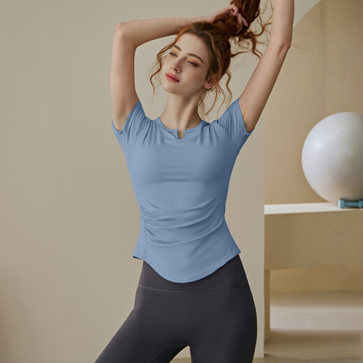 Women's summer Pilates training sports short-sleeved T-shirt suit fitness top with chest pad yoga wear blue short-sleeved S