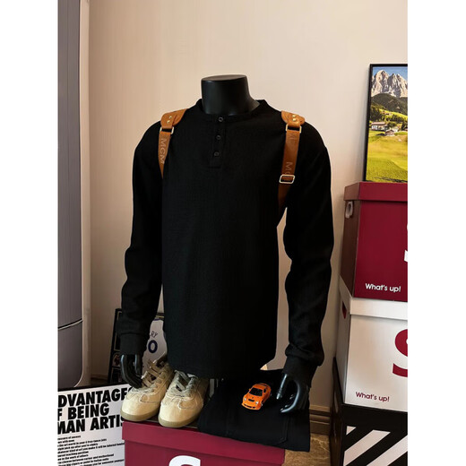 PUGESI Henry collar waffle long-sleeved t-shirt for men in spring and autumn American style shoulder polo sweatshirt heavy black inner layering shirt black regular M 80-100Jin Jin is equal to 0.5 kg