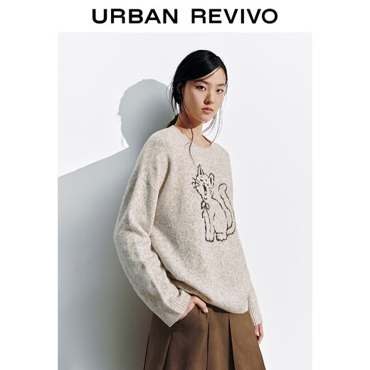 UR2025 new winter women's casual and fun cat pattern loose sweater UYY950142 light khaki M