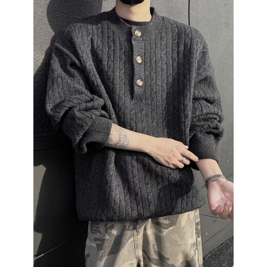 American retro knitted sweater for men in autumn and winter, twist pattern, Henry collar, lazy style, relaxed style, old money style sweater jacket, apricot M, recommended 80-100Jin Jin is equal to 0.5 kg