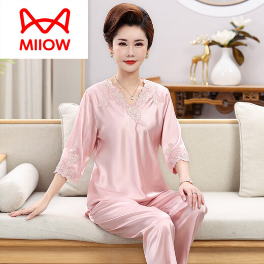 MiiOW Mama-Pyjama für Damen 2025 neuer bequemer Sommer-Langarm-Hausanzug aus Seide für Menschen mittleren Alters und ältere Menschen kann draußen getragen werden 686 (langer Stil) XL empfohlen 105-120 Jin Jin entspricht 0,5 kg