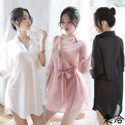 Bingqia sexy underwear pajamas shirt open sexy uniform large size hot teasing passionate temptation 2025 new men's black chiffon shirt with belt + thong M