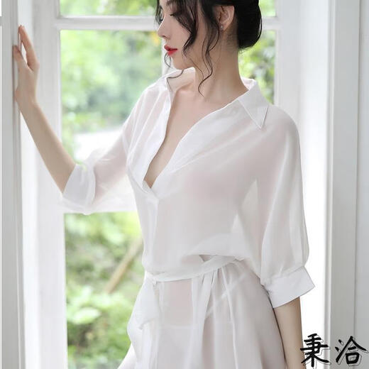 Bingqia sexy underwear pajamas shirt open sexy uniform large size hot teasing passionate temptation 2025 new men's black chiffon shirt with belt + thong M