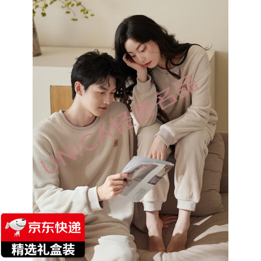 FENTENGG light luxury brand couple pajamas women's anti-static winter coral velvet thickened plus velvet men's autumn and winter flannel 57039 meters apricot L does not pill, does not fade and does not deform