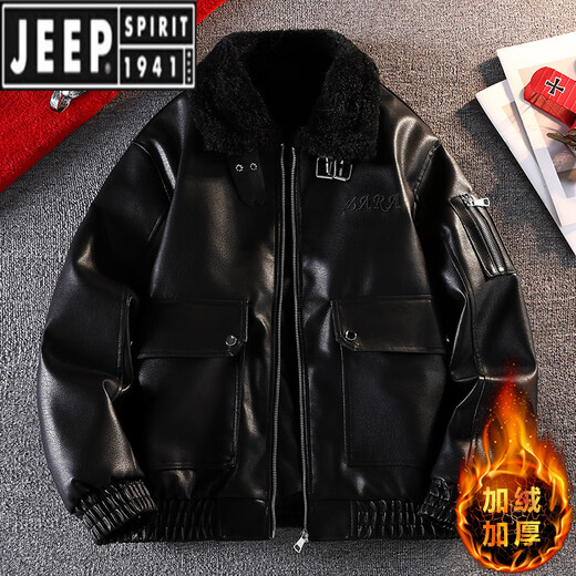 JEEP SPIRIT batik shiny fur collar leather jacket men's plus velvet thickened fur all-in-one warm motorcycle jacket for winter bright coffee color 4XL recommended 165-180 Jin Jin equals 0.5 kg