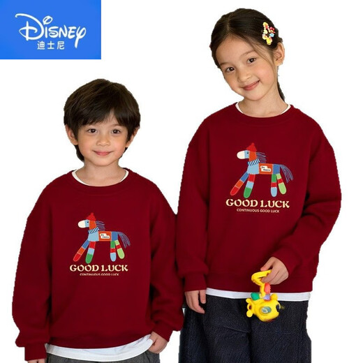 Disney (Disney) 2026 Year of the Horse cartoon parent-child outfits cute plus velvet thickened round neck sweatshirts for a family of three or four New Year's Day mother-daughter outfits trendy thin wine red 90 baby