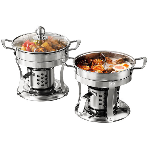 Small hot pot for one person, alcohol stove for one person, commercial Yuanyang boiler, soup pot, household stainless steel pot, outdoor stainless steel Jiuding stove (free 3 cans of fuel) + large single flavor pot 19cm