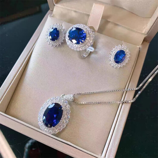 Fat Donglai's same style tanzanite earring set, sapphire set, ring and necklace, three-piece set, European and American style, light luxury women's pendant necklace