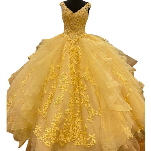 Colorful gauze evening dress European and American tutu skirt double shoulder V-neck off-shoulder princess dress yellow prom party dress picture color XS