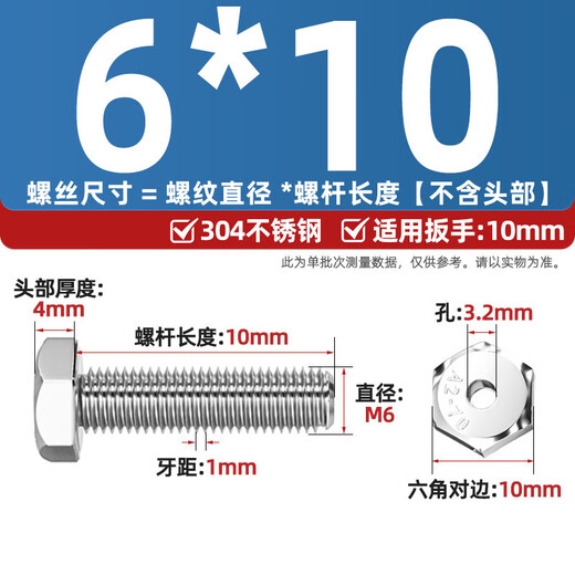 Fengji 304 stainless steel external hexagonal hollow screws, hollow bolts, through-hole mask machine, lighting accessories, M6*10 holes 3.2mm-5 pieces