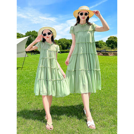 Shijanu parent-child clothing, mother-daughter summer bomb street parent-child clothing, new summer mother-daughter clothing, thin chiffon dress, stylish Korean version, green 110 cm weight 27-33Jin Jin equals 0.5 kg