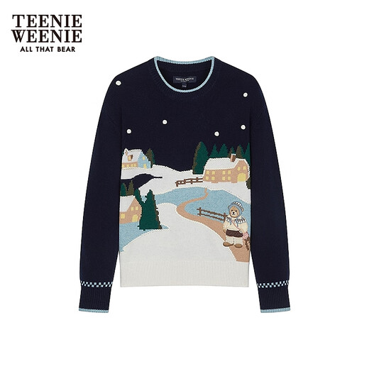Teenie Weenie Bear Women's Sheep Wool Blended Allover Three-dimensional Intarsia Round Neck Pullover Sweater Knitwear Navy L