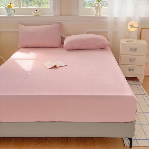Nanjiren Milk Velvet Bed Sheet 1.8x2m Double 1.5x2m Mattress Protector Winter Baby Velvet Coral Velvet Bedspread Cover Bean Paste Powder All-Inclusive Non-Slip Thickened Warm Single Bed Sheet 90cm*200cm