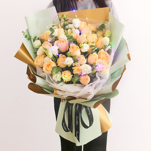 Lingxiang Flower Express Champagne Rose Bouquet Confessing Love to Girlfriend and Wife Birthday Gift Nationwide Delivery 33 Champagne Rose Bouquet Goddess Style