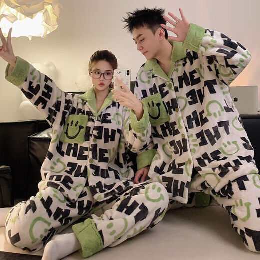 Victoria style couple autumn and winter coral pajamas for one man and one woman in winter new flannel home clothes plus velvet thickened suit 88600 - thickened flannel M female + male L