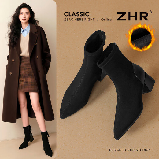 ZHR short boots women's retro thin women's boots winter plus velvet thick high heel suede ankle boots pointed toe elastic boots BL652A black 38