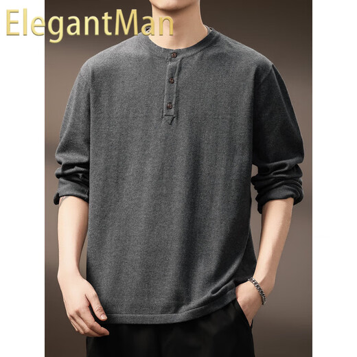 ElegantMan high-end American retro Henry long-sleeved sweater men's autumn new loose casual retro bottoming shirt dark gray S