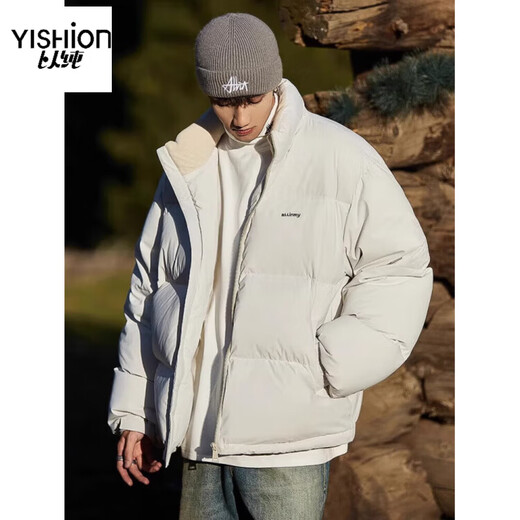 YISHion 2025 Autumn and Winter New Short Down Jacket Men's American Stand Collar Thickened Warm Bread Jacket Japanese Boys Jacket GY7185 Silver Fish White 2XL Down Filling 253.8g