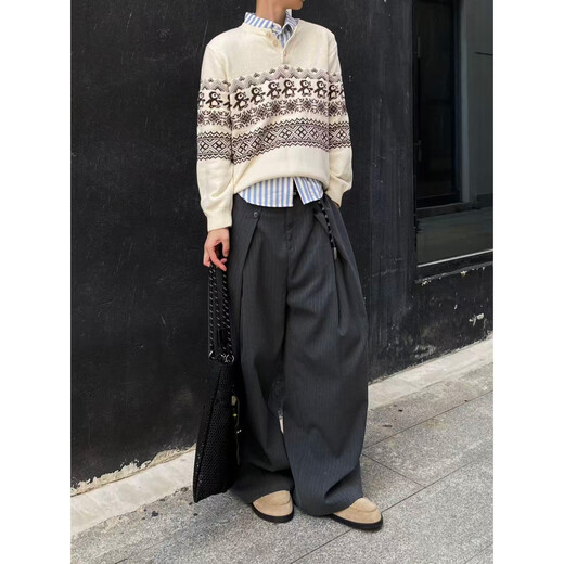 Nanzihan Christmas Penguin Fair Isle Henley Neck Sweater for Men and Women, Autumn and Winter Lazy High-Quality Knitwear, Apricot M