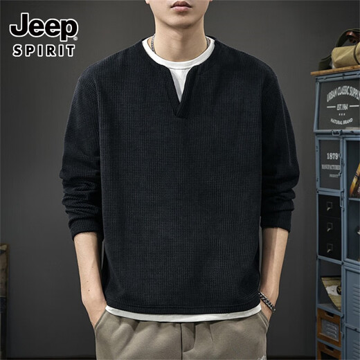 JEEP SPIRIT high-end heavyweight European cotton velvet fake two-piece long-sleeved T-shirt for men in autumn and winter new waffle plus velvet V-neck inner henley shirt black XL