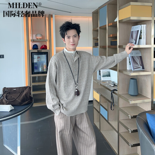 MILDEN international first-line brand autumn and winter lazy style Henry collar hemp pattern sweater men's loose fake two-piece versatile red floral gray S