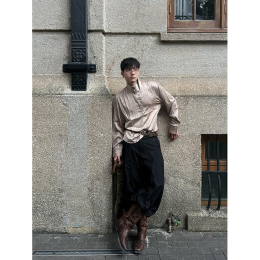 Zhaoxun old money style shirt retro striped noble glossy lazy style top men's loose drape silky Henry collar shirt white high quality M