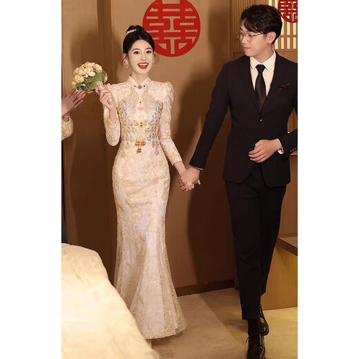 Fenggao (fenggao) Toast Wear Bridal 2025 New Winter Clothes Chinese Cheongsam Toast Wear Bridal Fishtail Skirt Xiuhe Suit Champagne Color Long Sleeve XL