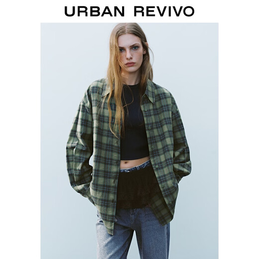 UR2025 new autumn women's American retro contrast plaid long-sleeved cardigan shirt UYY250060 green plaid L