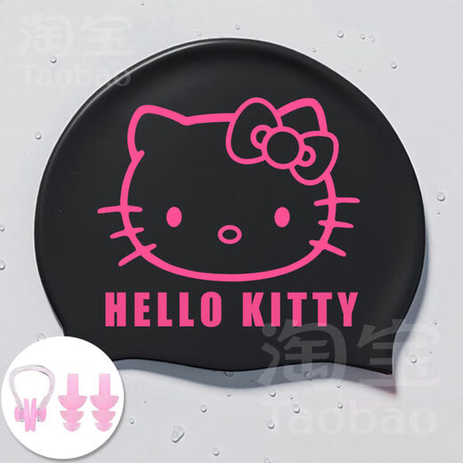 Kitty swimming cap black silicone waterproof double-sided printing plus size women's high elasticity and comfort black kitty waterproof swimming cap + nose clip earplugs