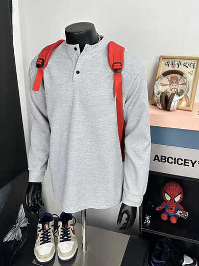 Cleanfit gray henley collar long-sleeved t-shirt men's American polo collar inner layering shirt hawaffle sweatshirt light gray upgraded model M