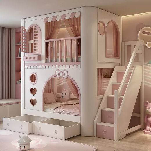 Yusenyigao guardrail upper and lower bunk bed two-layer upper and lower bed solid wood high and low bed children's bed girl princess bed double bed bunk bed-ladder cabinet-double drawer-slide (comes with upper bunk curtains-upper and lower mattresses) More combinations +1500mmx2000mm