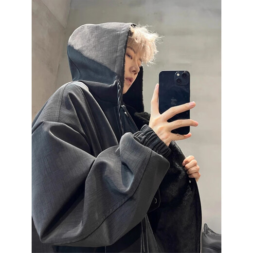 XUANSENTU American PU leather jacket with mountain carving cotton jacket for men in winter, thickened velvet, warm and cold-resistant jacket, hooded jacket, cotton coat A093-M960 black, velvet, upgraded version XL