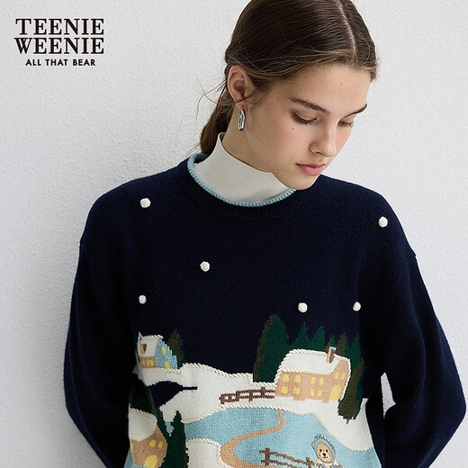 Teenie Weenie Bear Women's Sheep Wool Blended Allover Three-dimensional Intarsia Round Neck Pullover Sweater Knitwear Navy L