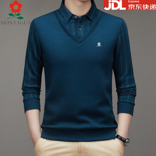 Montagut men's shirt collar fake two-piece long-sleeved T-shirt wool plus velvet thickened warm middle-aged dad's outfit 2630-1-Haqing 2XL 180 suitable for 145-165Jin Jin equals 0.5 kg