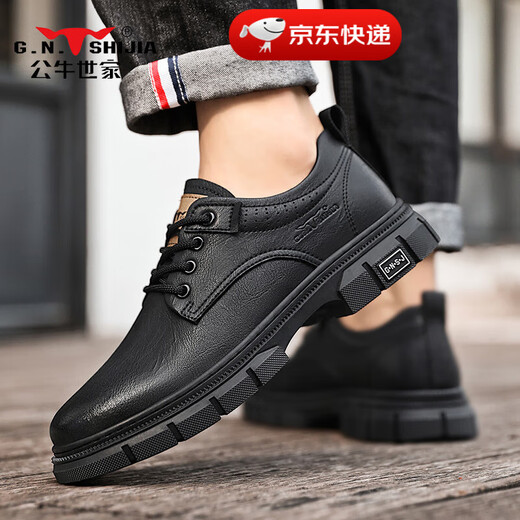 Bull Family Men's Shoes 2025 Spring New Retro Leather Shoes Men's Business Casual Shoes Men's British Soft Sole Low-top Martin Boots Black Four Seasons Single Shoes GN123101753 40 (Sports Shoe Code)