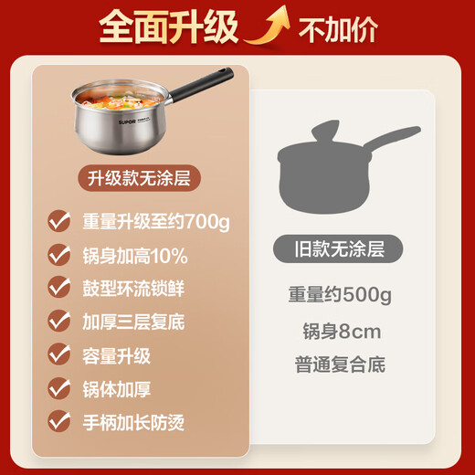 SUPOR 304 stainless steel milk pot 0 coating safe and healthy baby food supplement pot non-stick household one-person soup pot for cooking porridge 304 stainless steel milk pot with steam grid 16cm