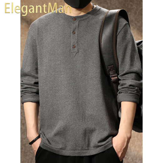 ElegantMan American retro tough guy Henry collar sweater men's autumn 2025 new long-sleeved T-shirt men's loose Henry shirt dark gray S _ 90-Jin Jin equals 0.5 kg