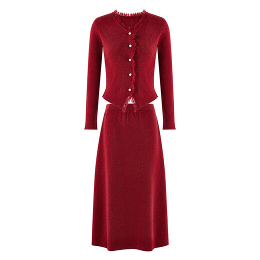 Qiushui Yiren New Year's jersey classic fashion temperament simple two-piece set 2025 atmospheric urban red suit Christmas red deep red L