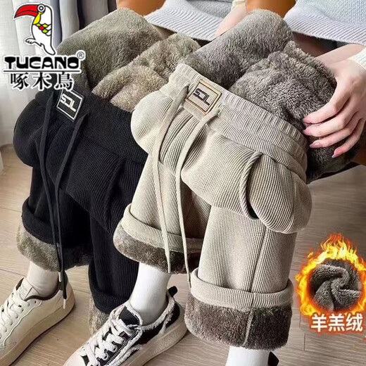 Woodpecker Casual Pants Men's Autumn and Winter 2025 New Velvet Thickened Sports Pants Straight Leg Pants High Waist Warm Wide Leg Pants Black + Dark Gray 2 Pack Velvet Brand Special Clearance Pickup Thickened 2XL Recommended 135-150Jin Jin is equal to 0.5kg