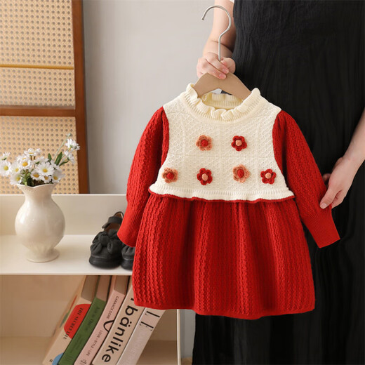 Girls sweater dress 2025 autumn and winter new bow Christmas skirt children's clothing pink plus velvet 90 cm