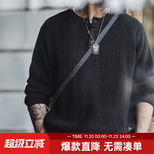 Marden American Retro Casual Knitted Henley Ami Khaki Vertical Striped Pullover Sweater Men's Autumn Thick Sweater Black Too Large, It is Recommended to Order One Size Smaller L