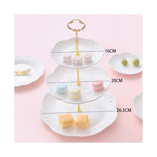 EEEZA Afternoon Tea Tableware European Three-Layer Dessert Plate Cake Plate Afternoon Tea Dessert Plate Living Room Household Candy Tray Rack Large, Medium and Small 3-tier_Embossed Disk Jinyaguan Free 5 Forks